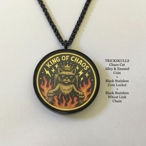 Chaos Cat Alloy & Enamel Coin + Black Stainless & Glass Locket + Black Chain